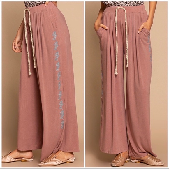 POL dusty rose floral leaf embroidered boho wide leg pants new soft lounge - Picture 2 of 7